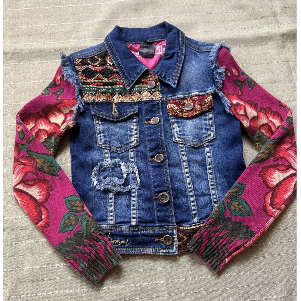 Desigual Girls Denim Sweater Jacket Pink Blue Size 7 Great Condition